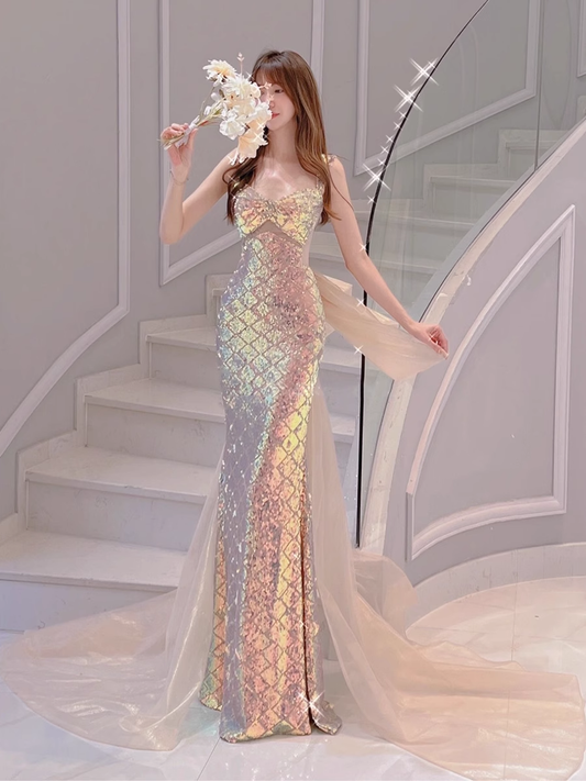 Sparkly Mermaid Straps Sequin Party Dresses Long Prom Dresses P729