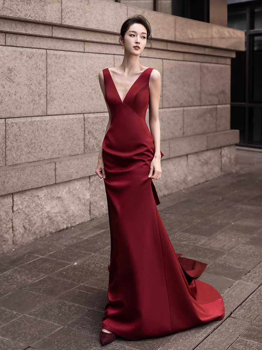 Simple Mermaid V neckline Party Dresses Long Burgundy Prom Dresses P730