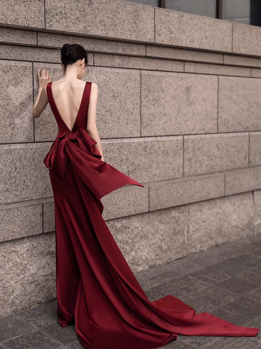 Simple Mermaid V neckline Party Dresses Long Burgundy Prom Dresses P730