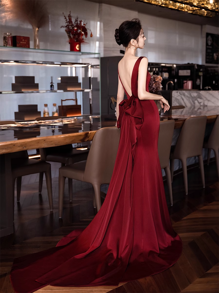 Simple Mermaid V neckline Party Dresses Long Burgundy Prom Dresses P730