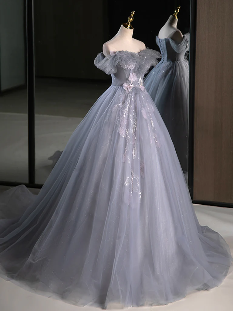 A-Line Off Shoulder Tulle Lace Gray Blue Long Prom Dress P733