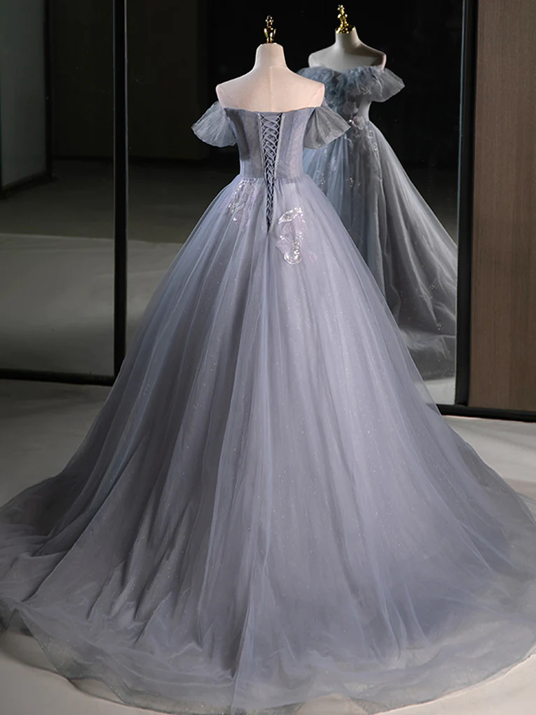 A-Line Off Shoulder Tulle Lace Gray Blue Long Prom Dress P733