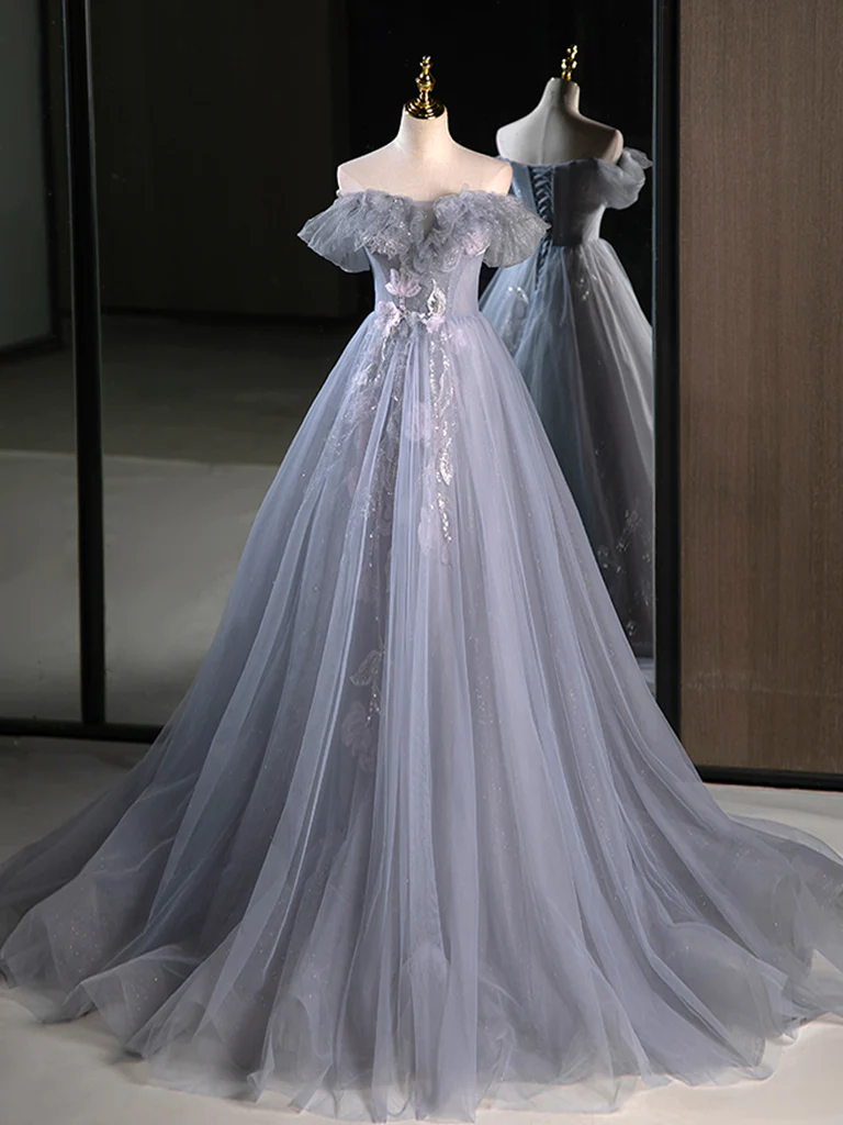 A-Line Off Shoulder Tulle Lace Gray Blue Long Prom Dress P733