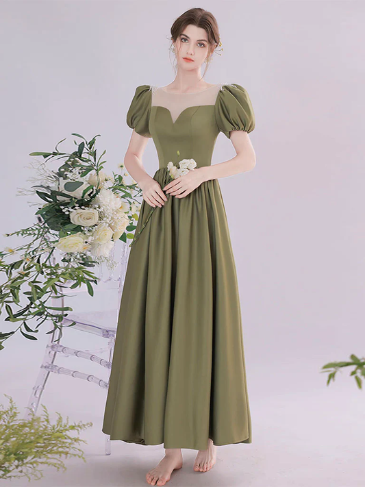 A-Line Green Satin Tea Length Prom Dress P736