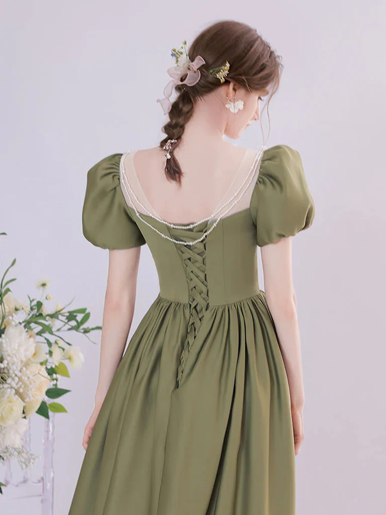 A-Line Green Satin Tea Length Prom Dress P736