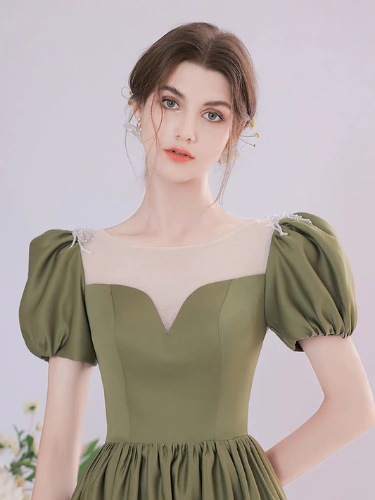 A-Line Green Satin Tea Length Prom Dress P736