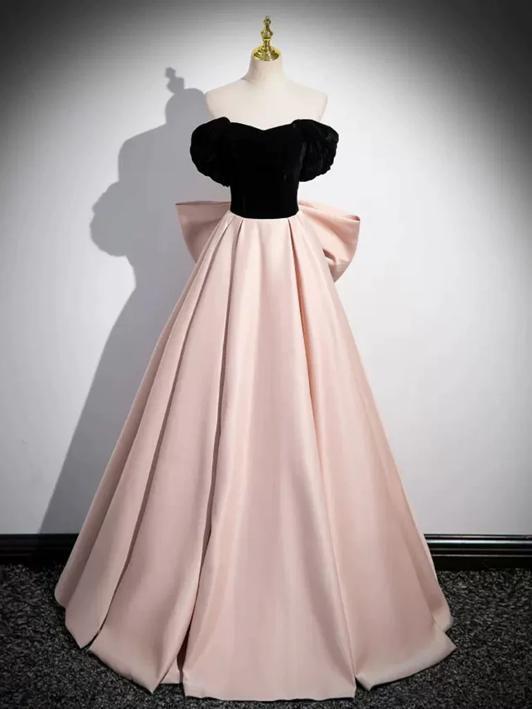 A-Line Off Shoulder Satin Pink Long Prom Dress P737