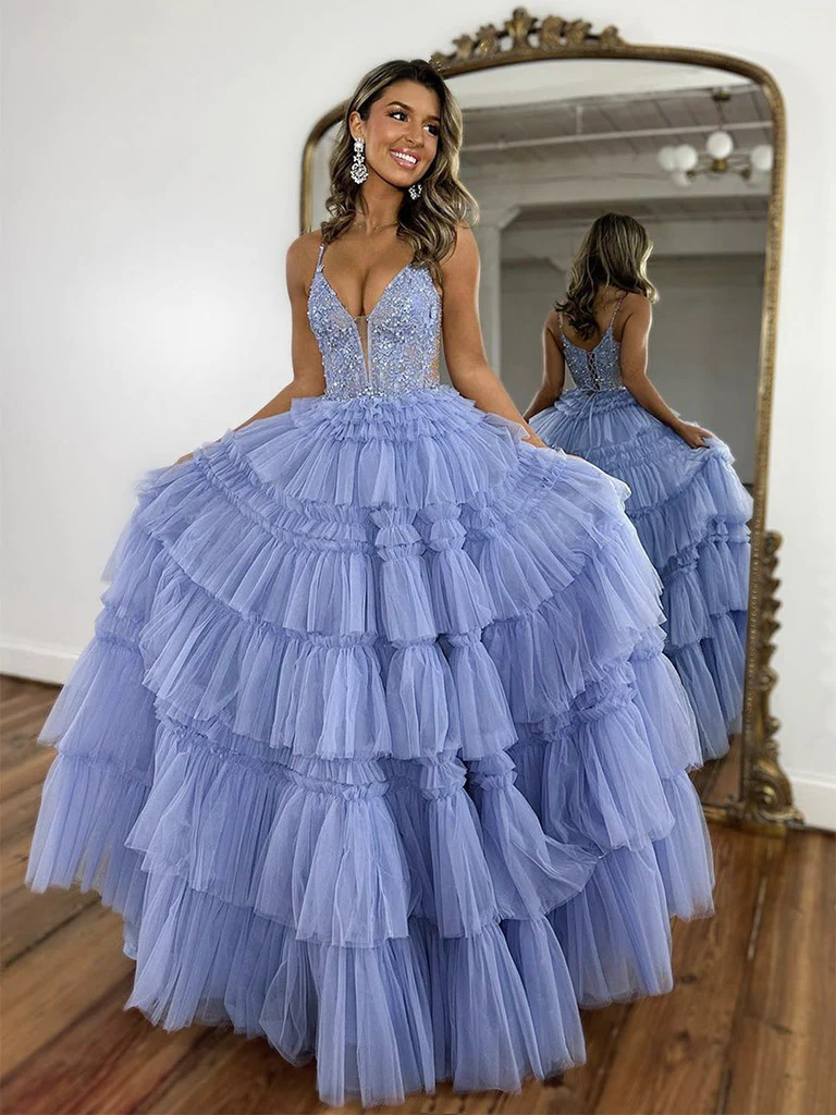 Ball Gown Blue V Neck Lace Tulle Long Prom Dress P738