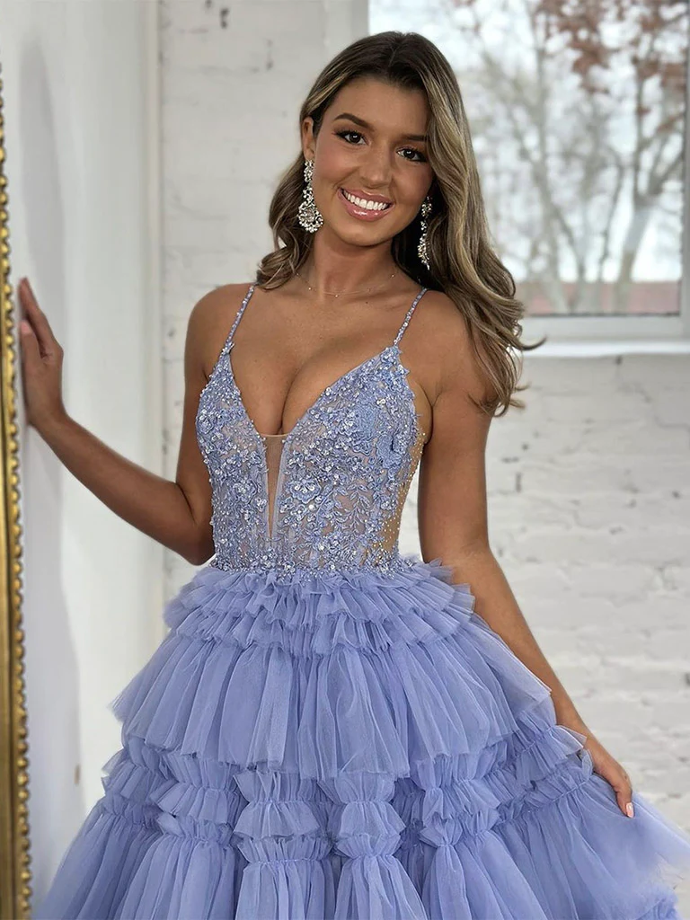 Ball Gown Blue V Neck Lace Tulle Long Prom Dress P738