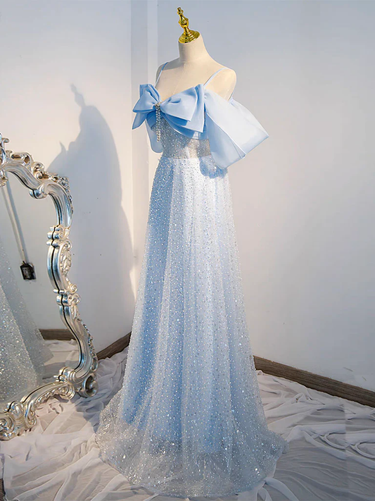 A-Line Tulle Sequin Blue Long Prom Dress P739