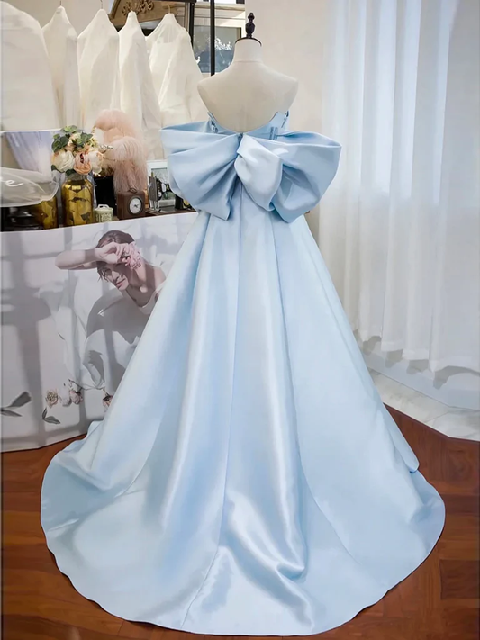 Simple A line Strapless Satin Blue Long Prom Dress P740