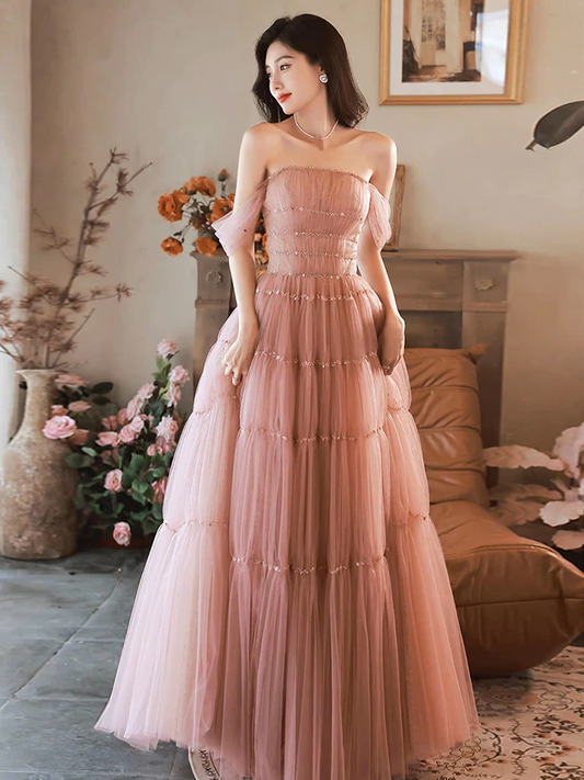 Simple A-Line Pink Off Shoulder Long Prom Dress P741