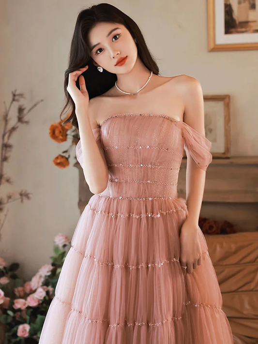 Simple A-Line Pink Off Shoulder Long Prom Dress P741