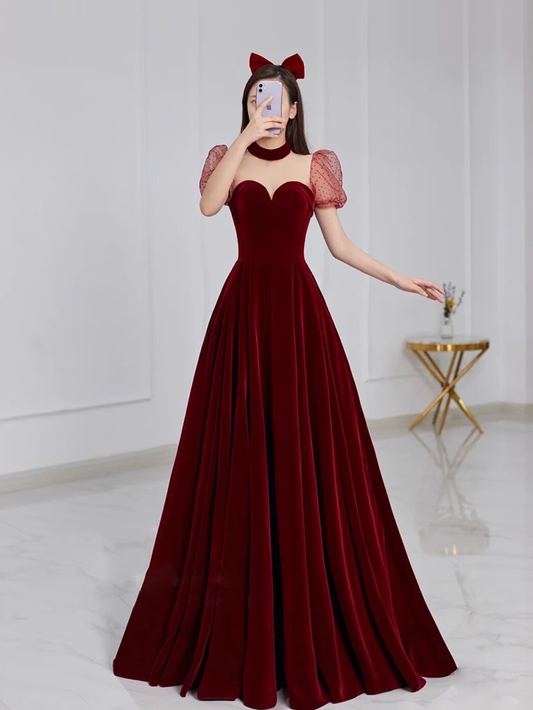 A line Burgundy Evening Party Dress Velvet Long Prom Dress P780