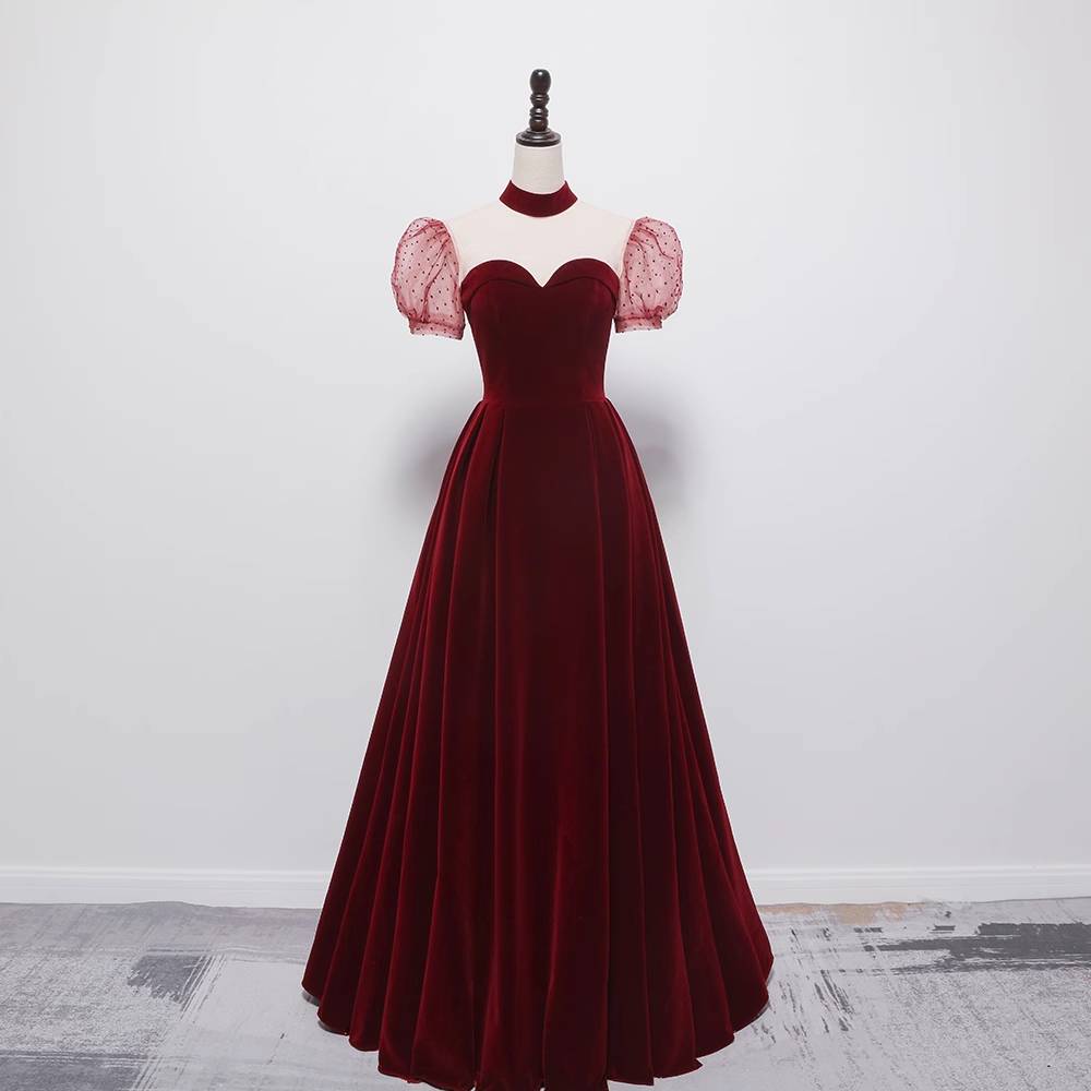 A line Burgundy Evening Party Dress Velvet Long Prom Dress P780