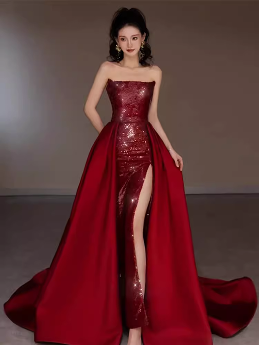 Sexy Mermaid Strapless Sleeveless Party Dress Red Long Prom Dress P864