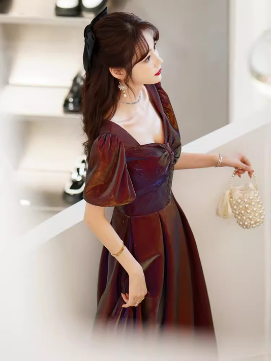 A Line Square Party Dress Knee Length Burgundy Prom Dress P867