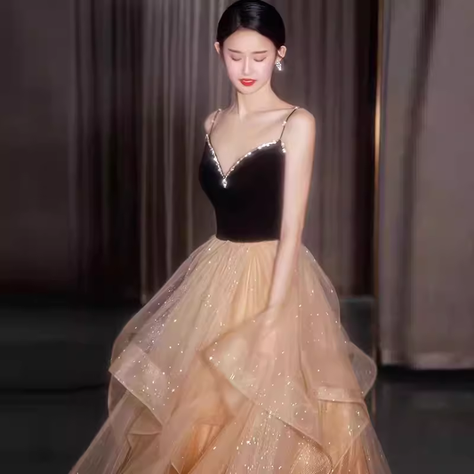 Ball Gown Straps Tulle Champagne Party Dress Long Prom Dress P872