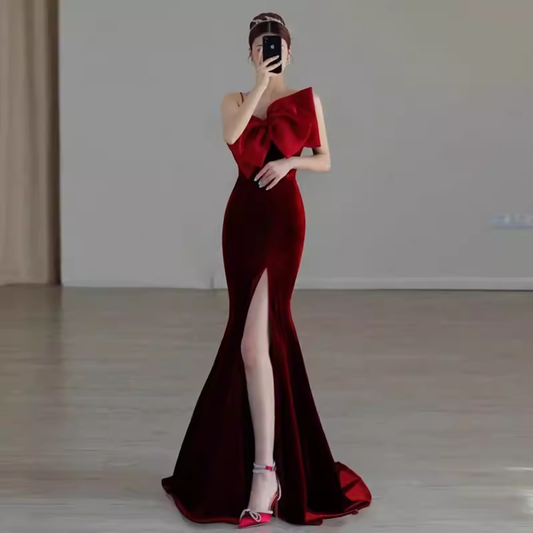 Mermaid Straps Velvet Red Party Dress Long Slit Prom Dress P875