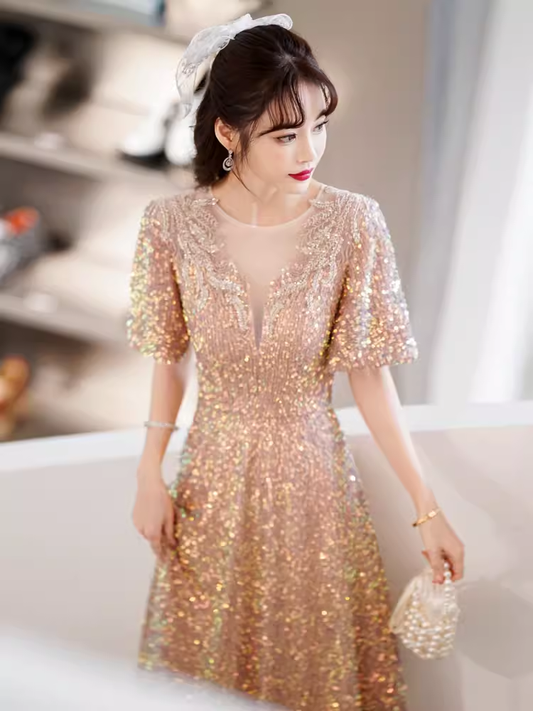 A line Sequin Gold Party Dress Long Prom Dress P878