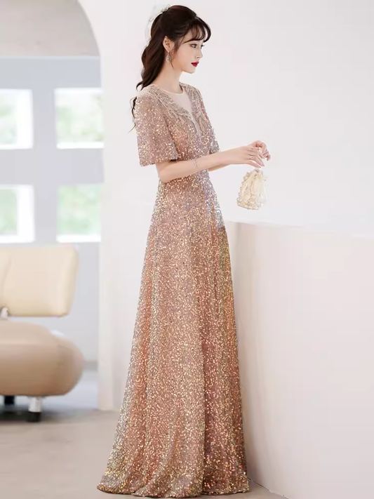 A line Sequin Gold Party Dress Long Prom Dress P878