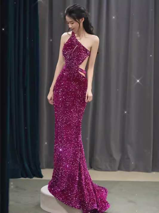 Mermaid One Shoulder Sequin Party Dress Long Prom Dress P880