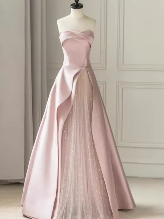 A line Strapless Pink Party Dress Long Satin Prom Dress P882