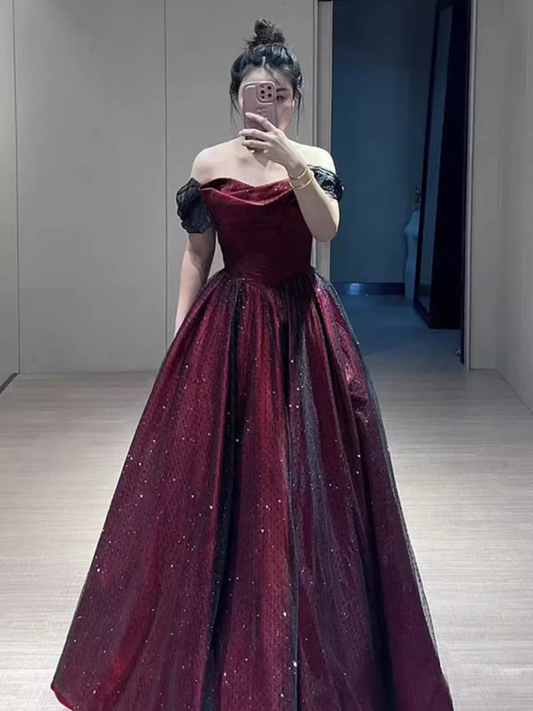 A line Strapless Black Party Dress Long Burgundy Prom Dress P883