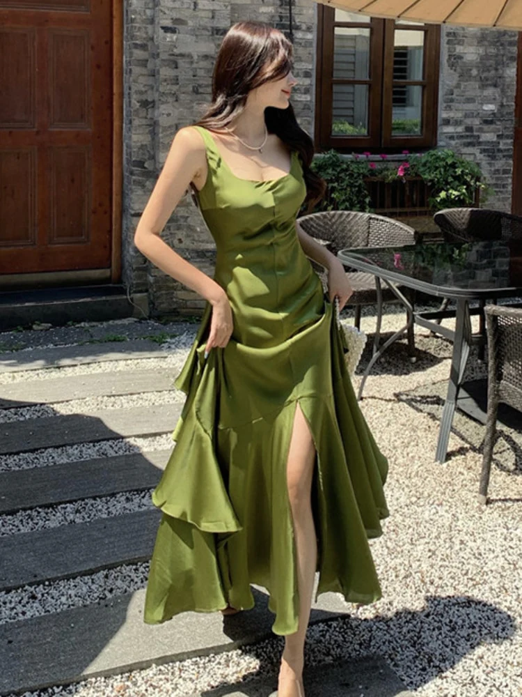 Women's Suspender Dress Satin Long  Prom Dresses Formal Dress P1104