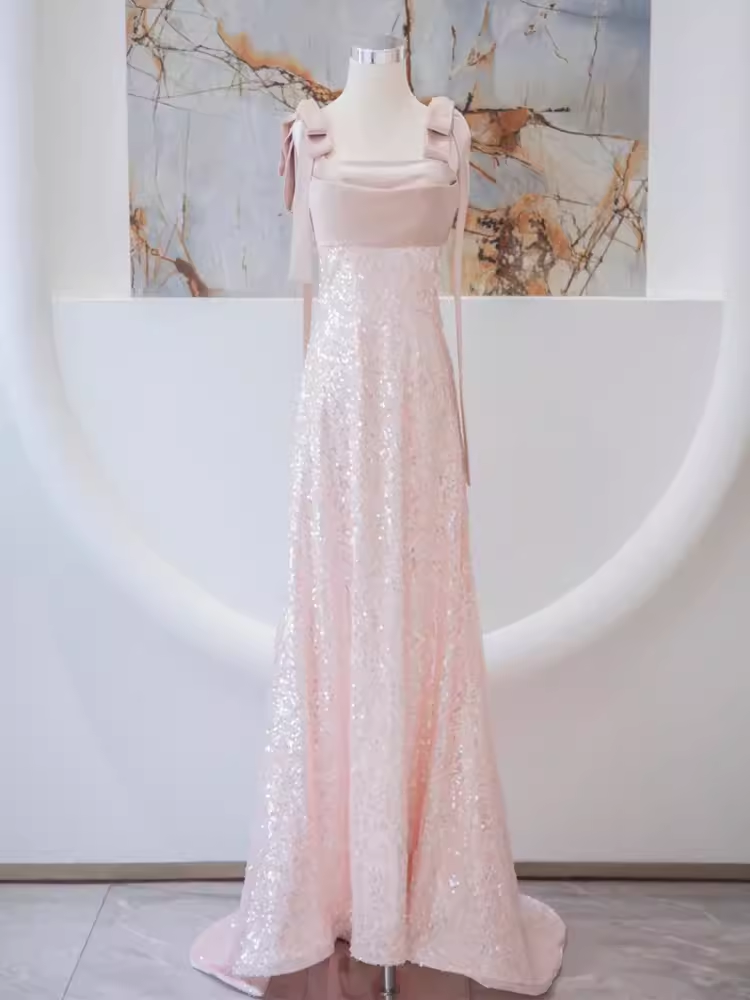 A line Straps Pink Satin Long Prom Dresses P1020