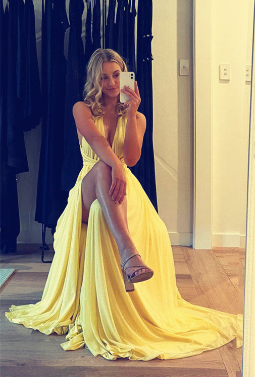 A line Yellow Slit Evening Party Dress Long Chiffon Prom Dress P830