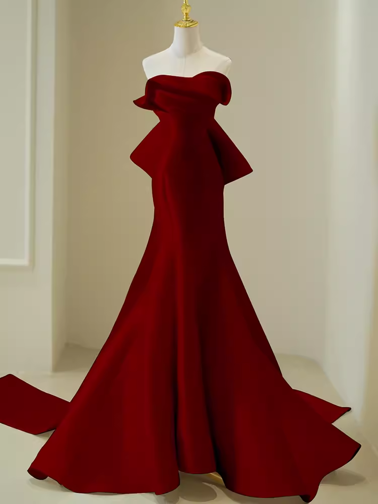 Simple Mermaid Strapless Long Red Prom Dress Evening Dress P1365