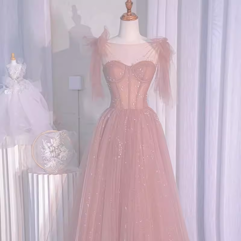 Sexy A line Straps Neckline Long Pink Prom Dress P1530