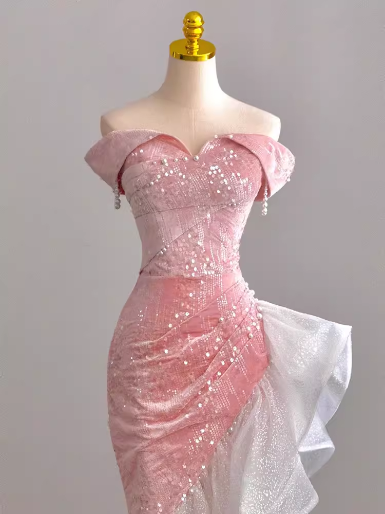 Sexy High Low Off The Shoulder Pink Velvet Prom Dress P1531