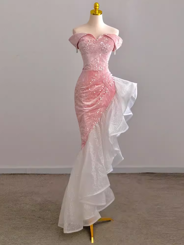 Sexy High Low Off The Shoulder Pink Velvet Prom Dress P1531