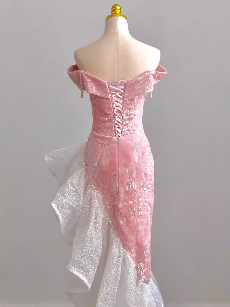 Sexy High Low Off The Shoulder Pink Velvet Prom Dress P1531