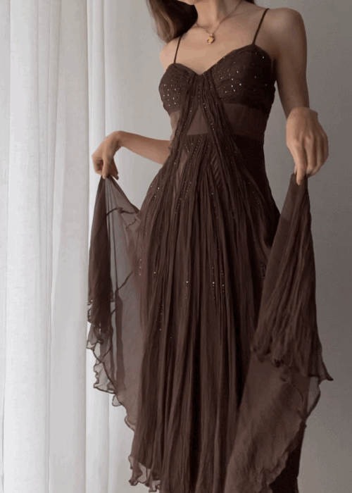 Vintage A Line Straps Floor Length Brown Prom Dresses P1482