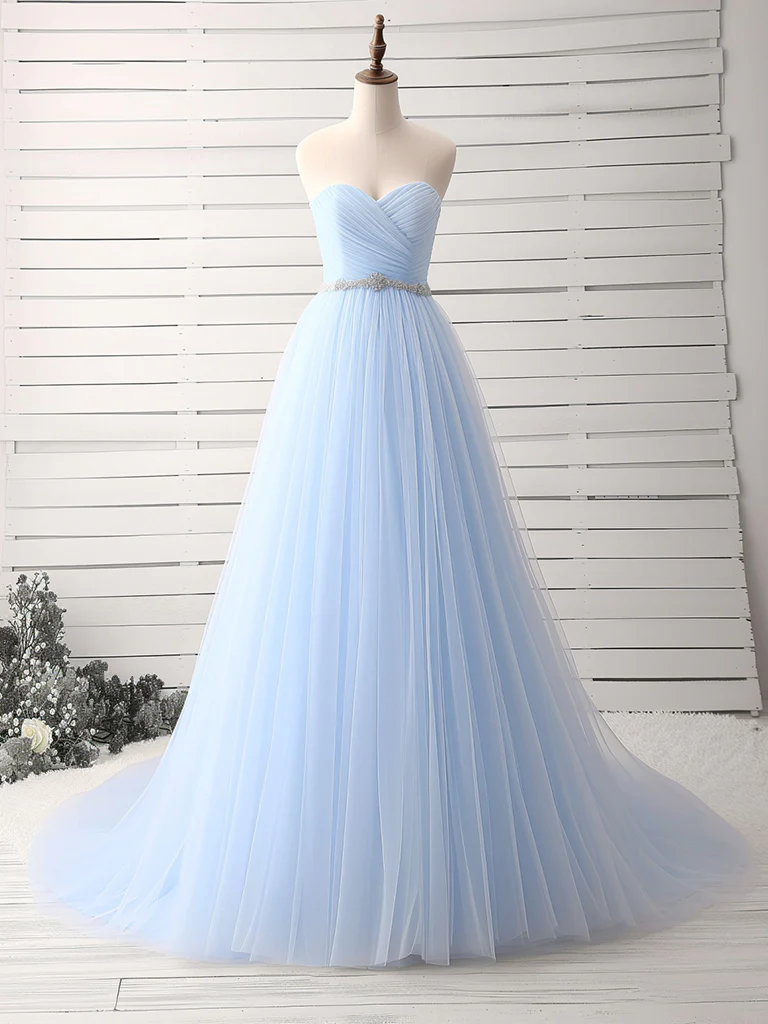 A-Line Sweetheart Neck Tulle Light Sky Blue Long Prom Dress P1579