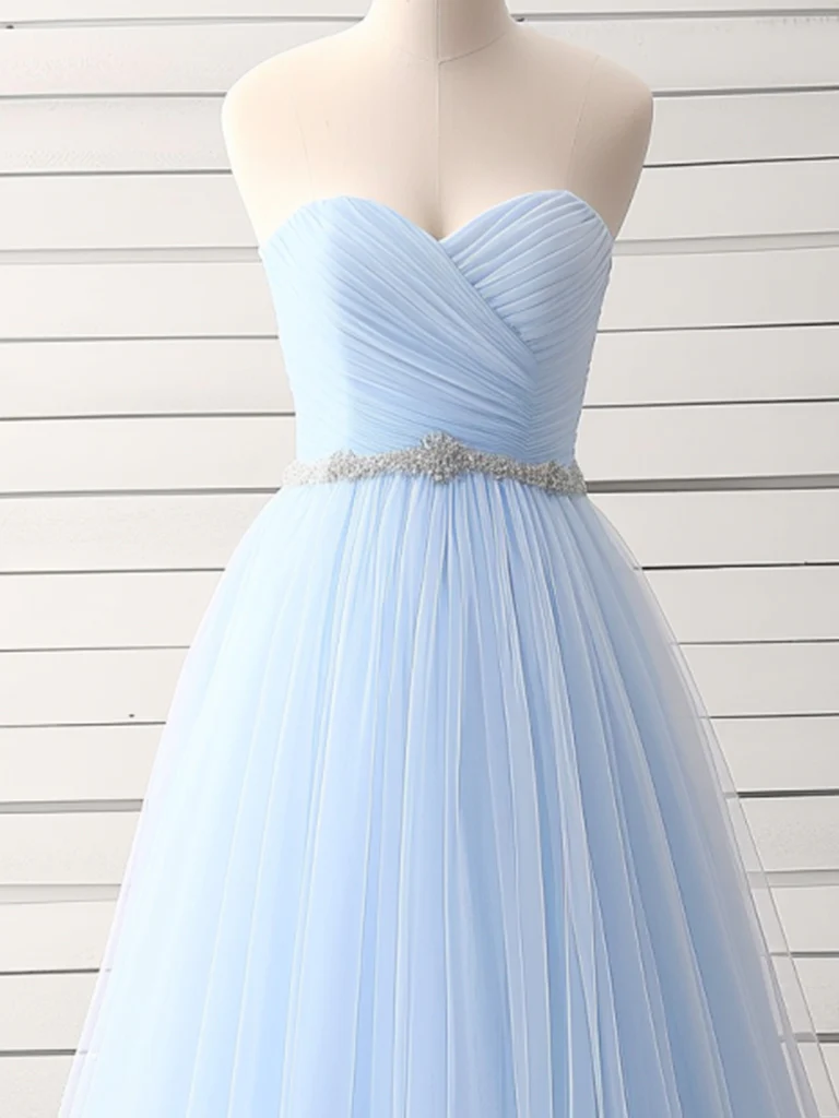 A-Line Sweetheart Neck Tulle Light Sky Blue Long Prom Dress P1579