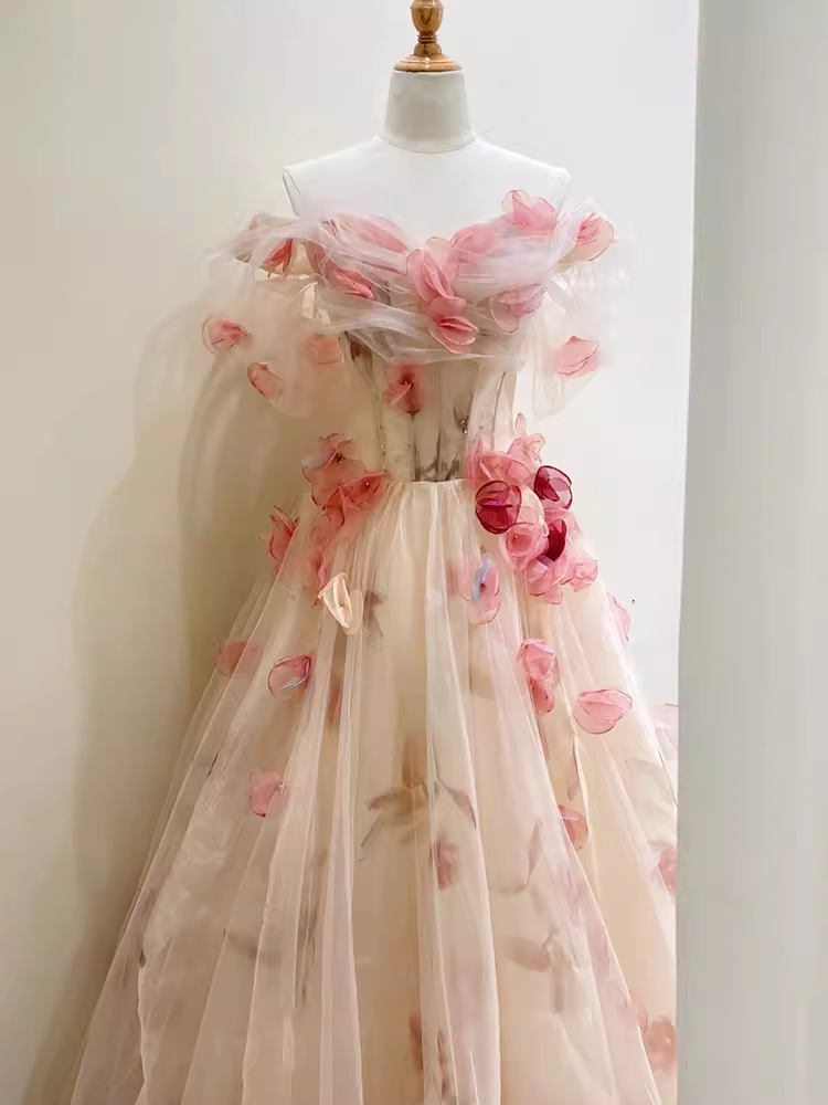 Ball Gown Champagne Floral Prom Dress Long Party Dresses P1608