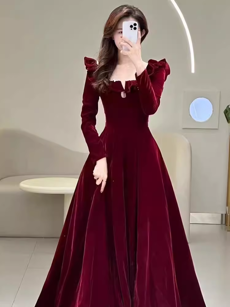 A line Burgundy Velvet Long Prom Dress Party Dresses P1611