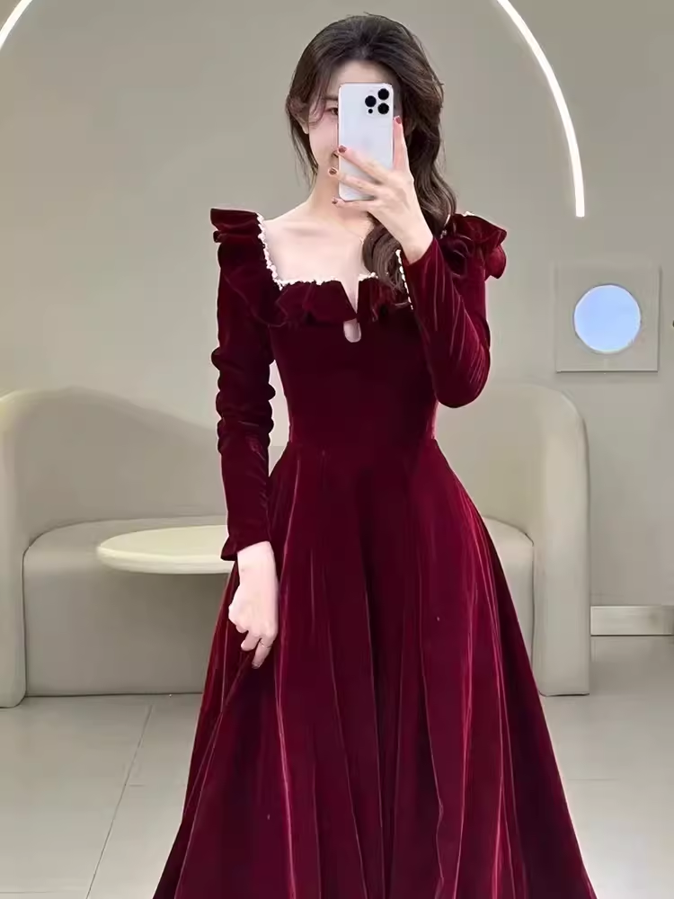 A line Burgundy Velvet Long Prom Dress Party Dresses P1611