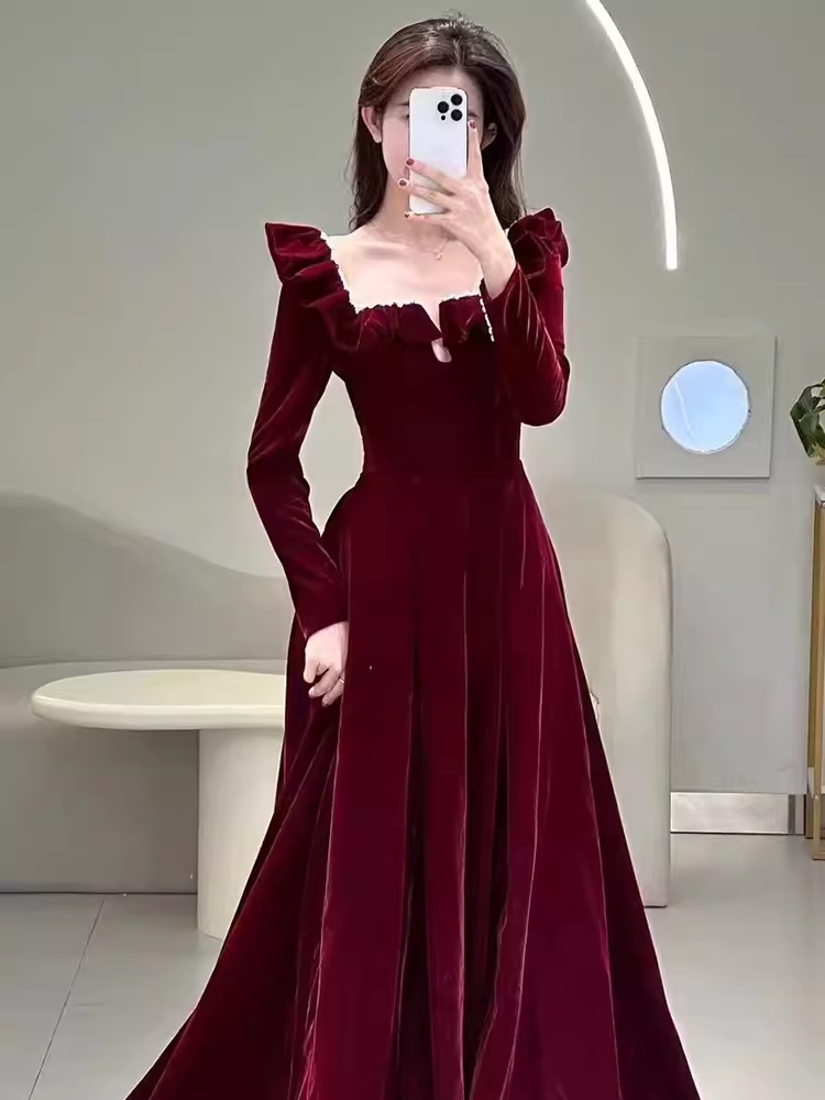 A line Burgundy Velvet Long Prom Dress Party Dresses P1611