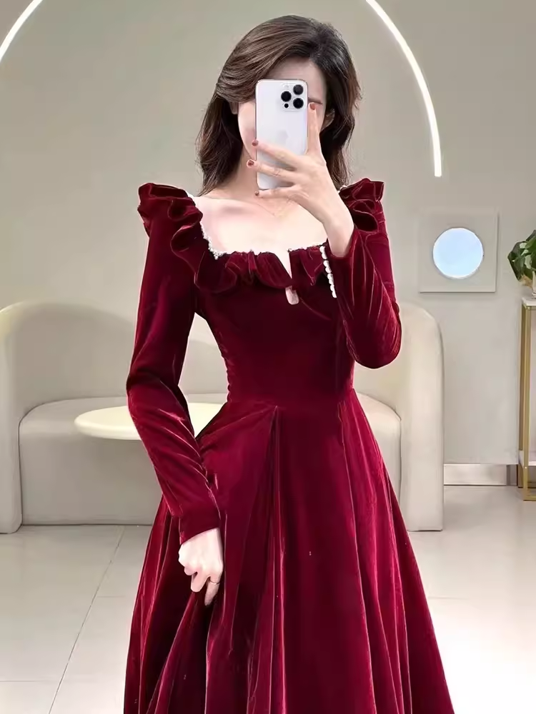 A line Burgundy Velvet Long Prom Dress Party Dresses P1611