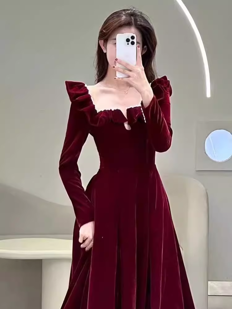 A line Burgundy Velvet Long Prom Dress Party Dresses P1611