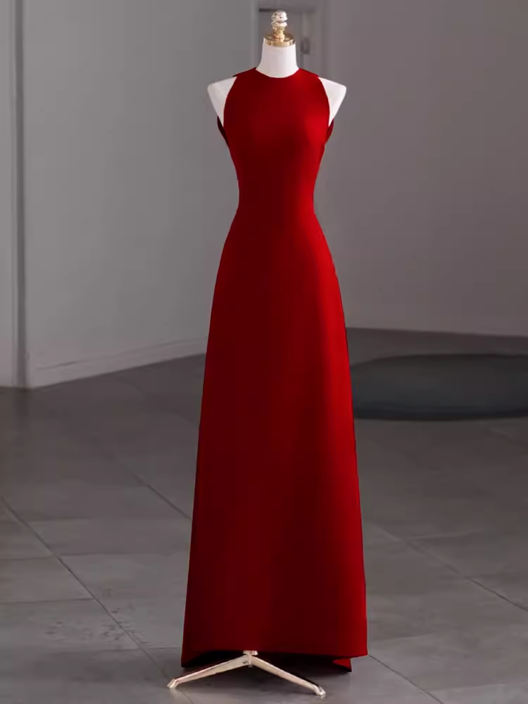 Simple A Line Red Floor Length Open Back Prom Dress P1704