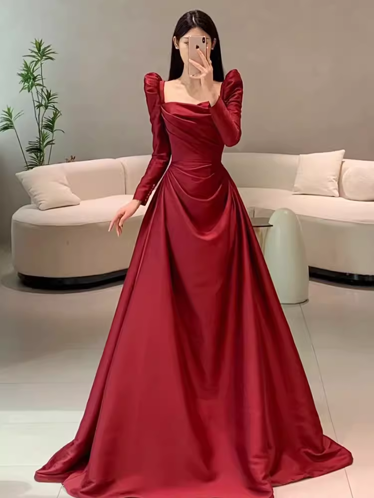 Simple Mermaid Long Sleeves Burgundy Floor Length Prom Dress P1708