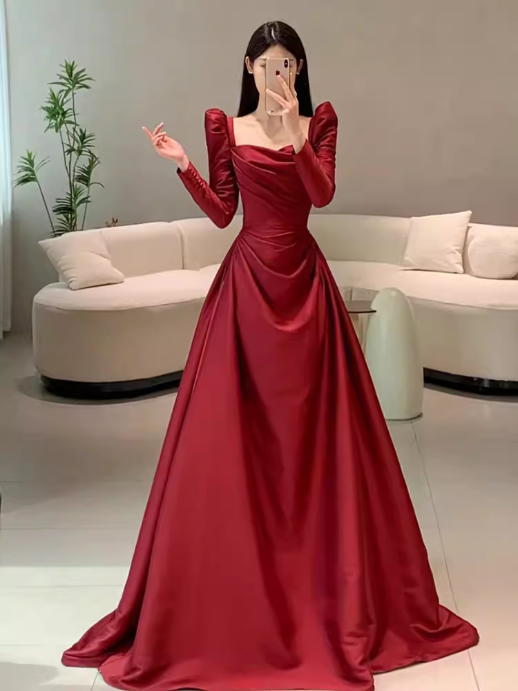 Simple Mermaid Long Sleeves Burgundy Floor Length Prom Dress P1708