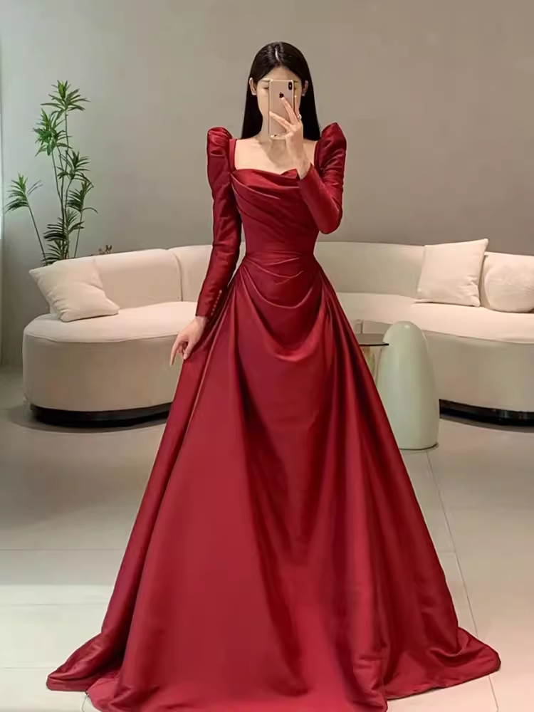 Simple Mermaid Long Sleeves Burgundy Floor Length Prom Dress P1708