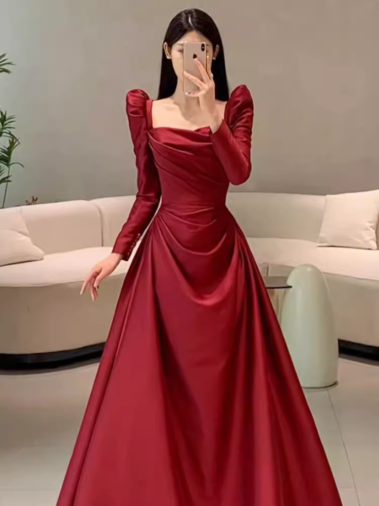 Simple Mermaid Long Sleeves Burgundy Floor Length Prom Dress P1708